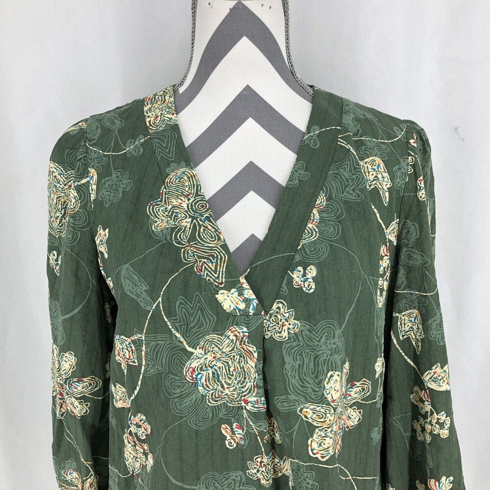 Shein Green Floral Long Sleeve Elastic Cuff Top V Neck Blouse Large